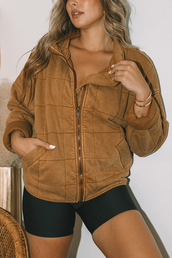 Zip Up Pocket Quilted Cropped Jacket Brown