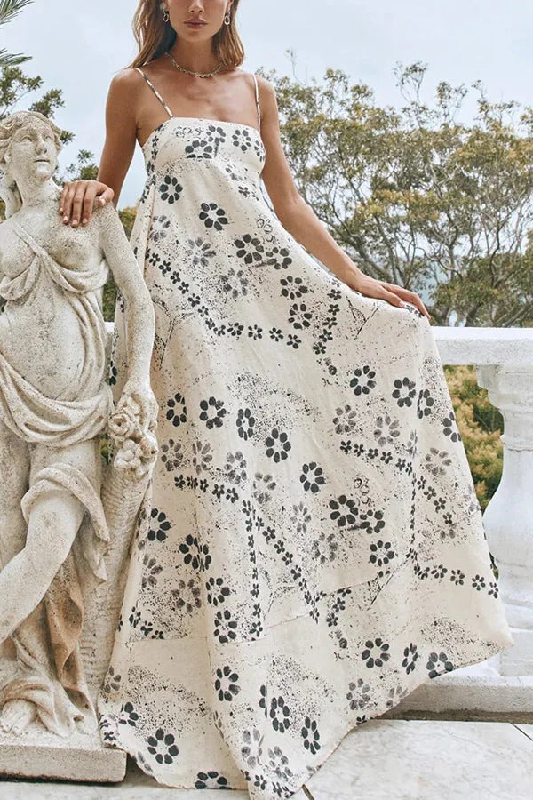 Linen Blend Floral Print Strappy Full-hem Backless Maxi Dress White