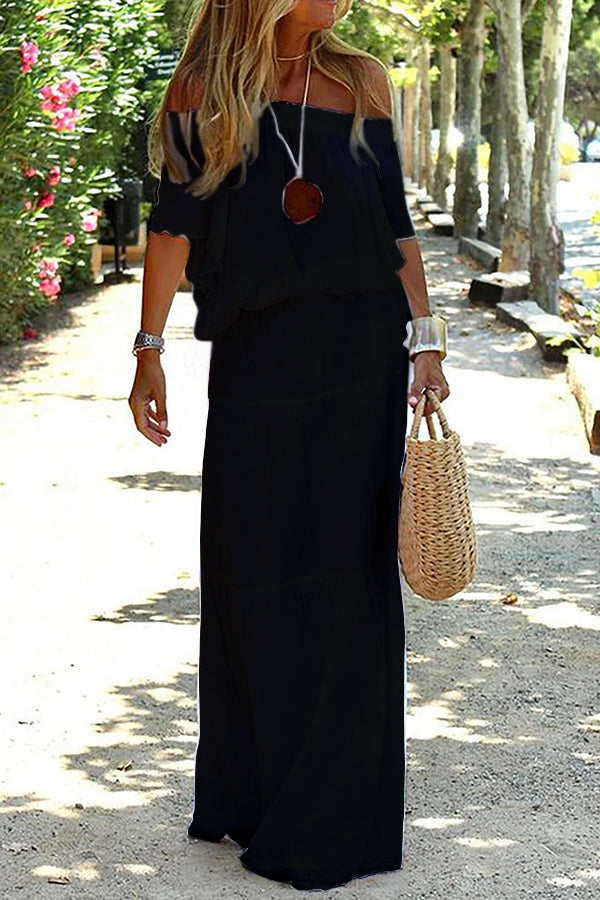Casual Off Shoulder Solid Beach Maxi Dress Black