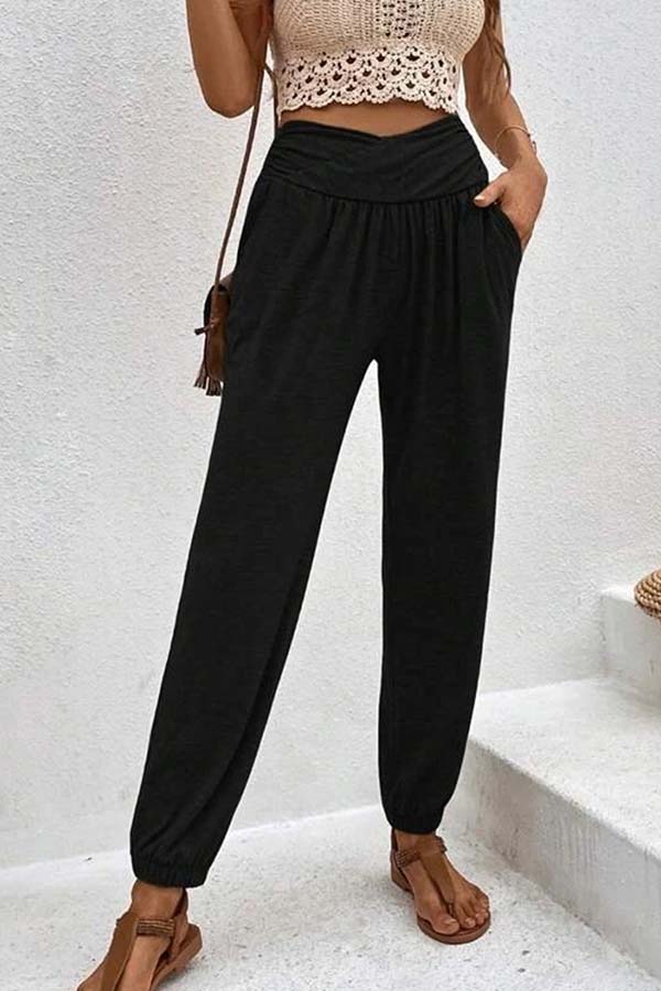 Temperament casual loose pocket high waist trousers Black