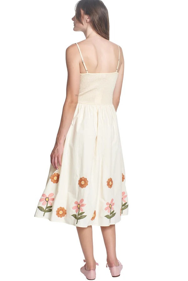 Embroidered Printed Suspenders Pleated Holiday Midi Dress