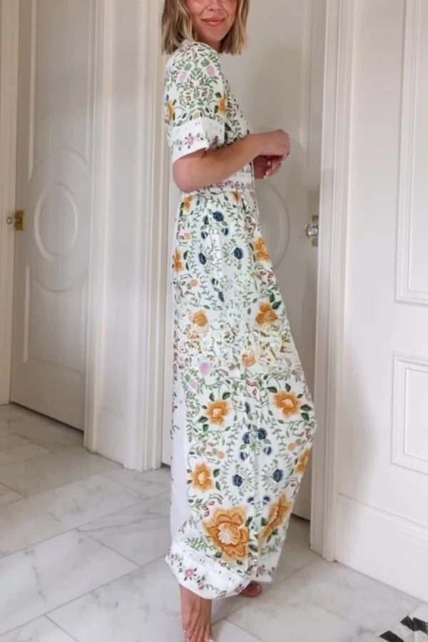 Natural Charm Linen Blend Floral Print Short Sleeve Pocketed Wide Leg Jumpsuit