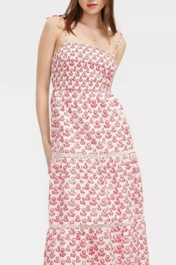 Red Floral Print Tie-Strap Lace Tiered Midi Dress