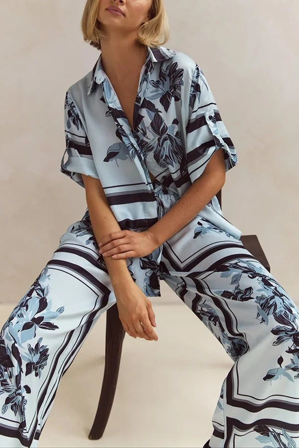 Fashionable Plant Print Loose Lapel Short Sleeve Shirt and Casual Elastic Waist Pocket Pants Set
