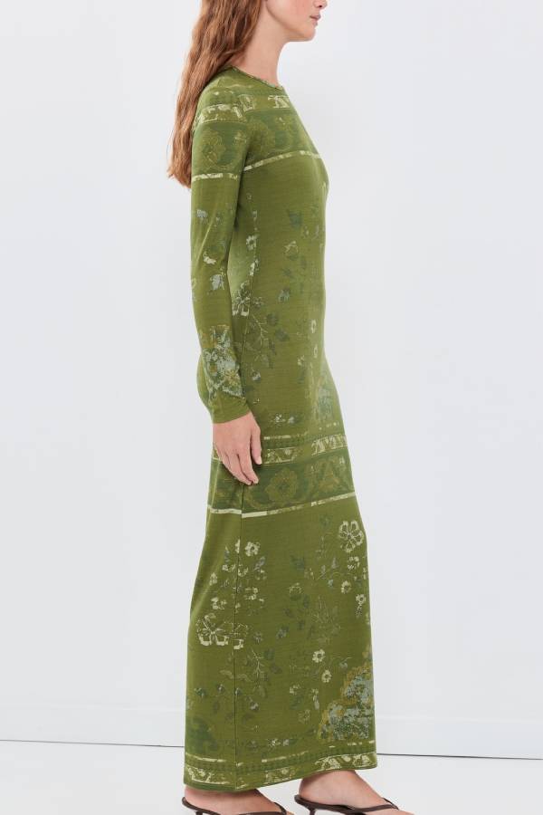 Vintage Botanical Floral Print Long‑Sleeve Fitted Knit Midi Dress