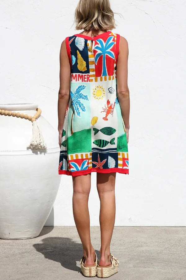 Summer-themed Printed Round Neck Sleeveless Pocket Loose Mini Dress