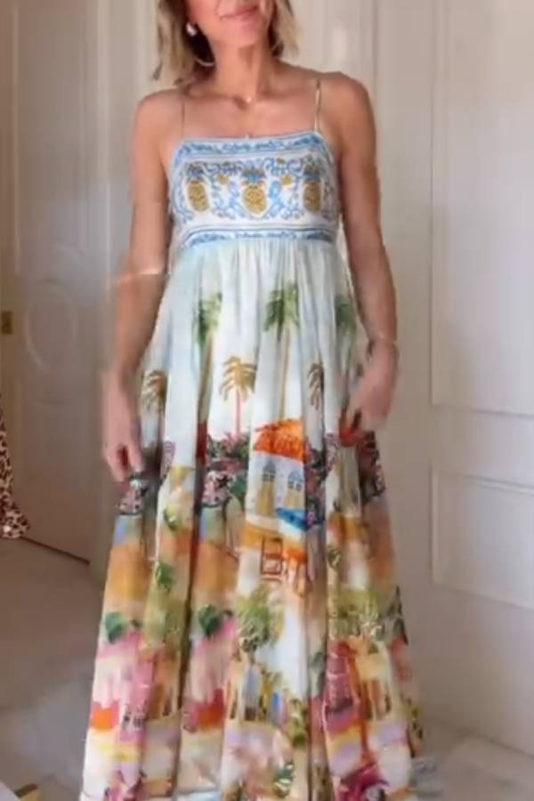 Tropical Print Spaghetti Strap Flowy Maxi Dress