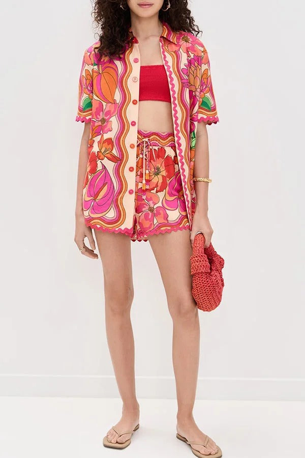 Ensemble chemise boutonnée à manches courtes et short ample à taille élastique avec imprimé unique Neima 