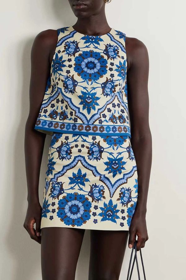 Unique Printed Round Neck Sleeveless Top and Casual Mini Skirt Set