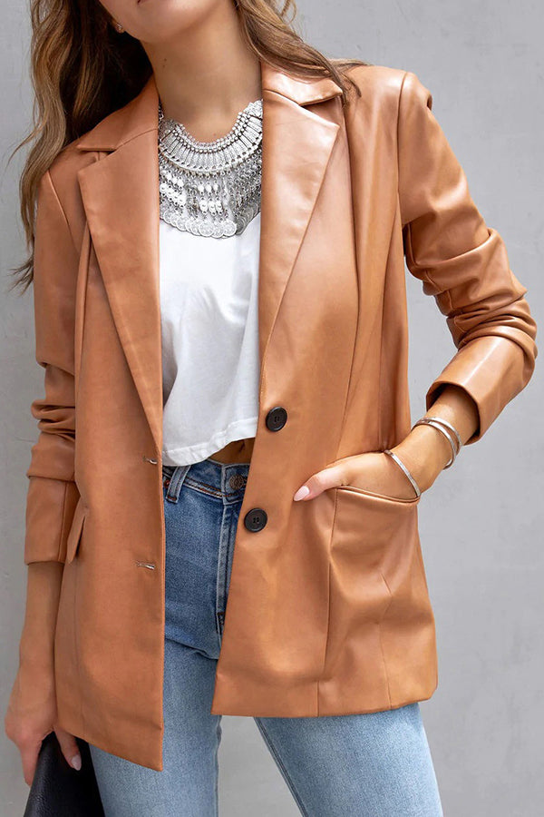 FASHION AFFAIRS POCKETED FAUX LEATHER BLAZER Brown