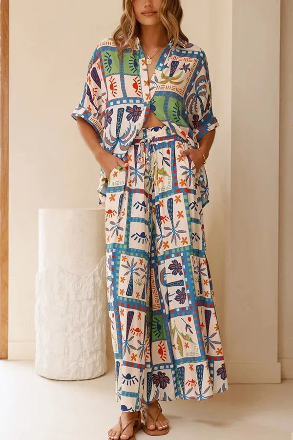 Unique Print Lapel Short Sleeve Loose Shirt and Elastic Waist Casual Pocket Wide Leg Pants Set Multicolor