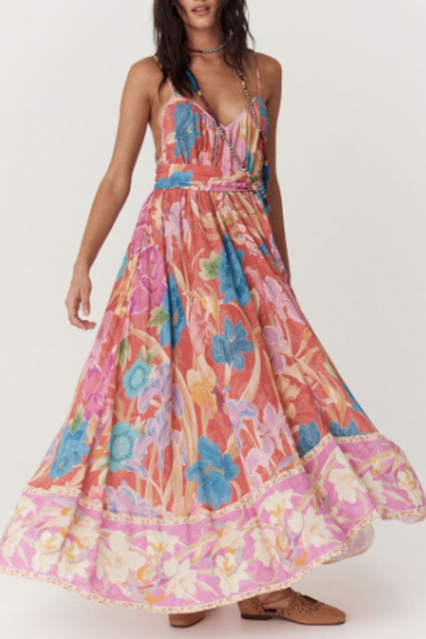 Painter's Garden Boho Floral Print Strappy A-line Maxi Dress Red