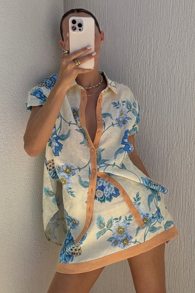 Giselle Linen Blend Floral Print Short Sleeve Shirt and Zipper Mini Skirt Set