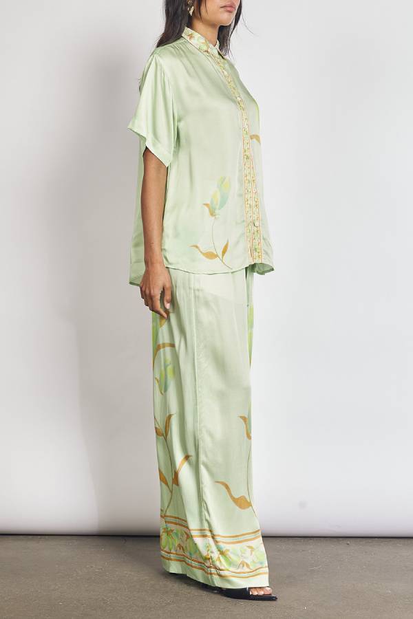 Niah Satin Tulip Print Lapel Short Sleeve Shirt and Elastic Waist Tie Pocket Wide Leg Pants Set