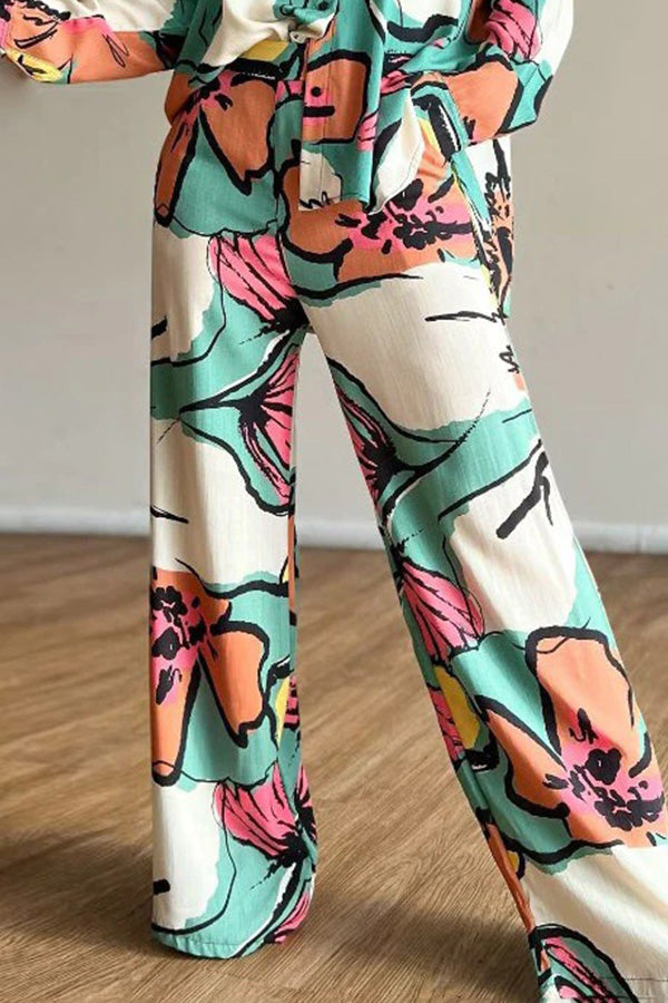 Printed Commuter Shirt High Waist Wide Leg Pants Set