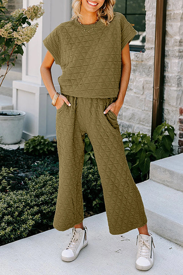 Quilted Textured Short Sleeve Top and Wide Leg Pants Set Green