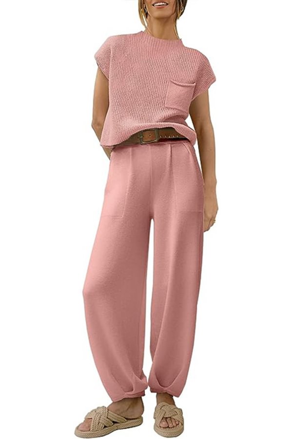 Short Sleeved Knitted Pullover Pleated Harem Pants Lounge Two Piece Set Pink