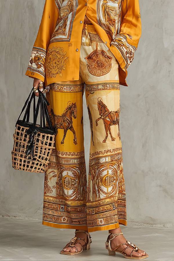 Orange Baroque Print Long Sleeve Shirt & Wide Leg Pants Two-Piece Set