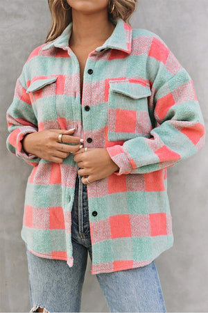 Pink Plaid Colorblock Casual Oversized Jacket Pink