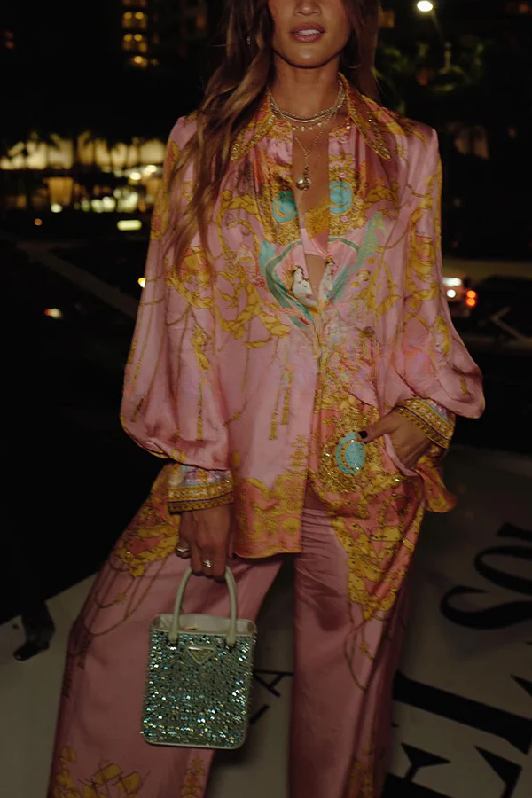 Mermaid Motel Unique Print Long Sleeve Loose Shirt and Elastic Waist Pants Set