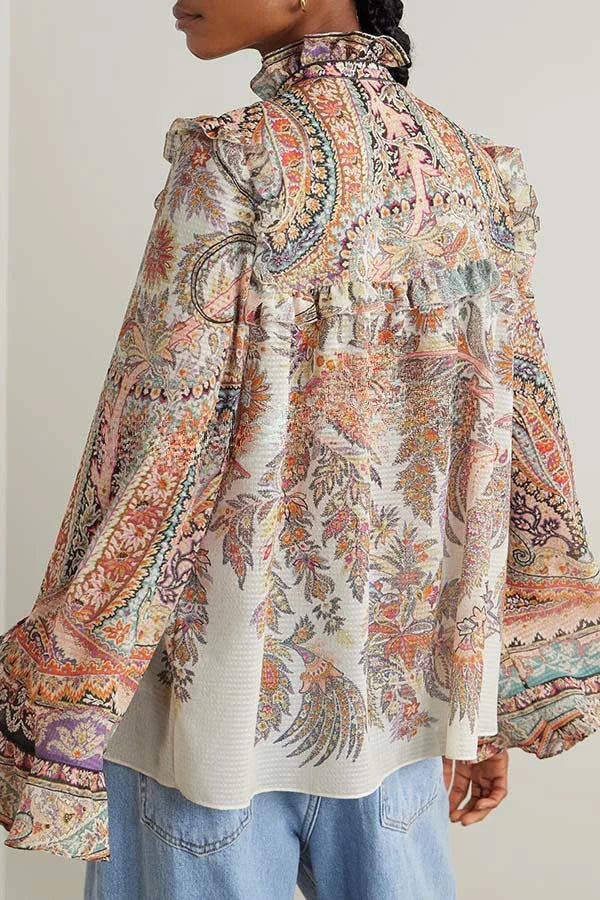 Feeling Dreamy Paisley Print Ruffle Jacquard Bell Sleeve Loose Blouse