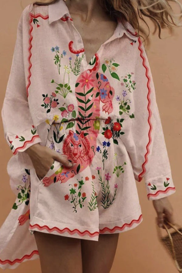 Digital Printing Fashion Women's Loose Printing Long Sleeve Shirt + Shorts Set CZ1728