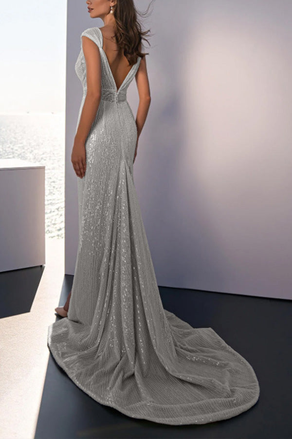 V-neck slim wrap hip gown with sequins and slits White