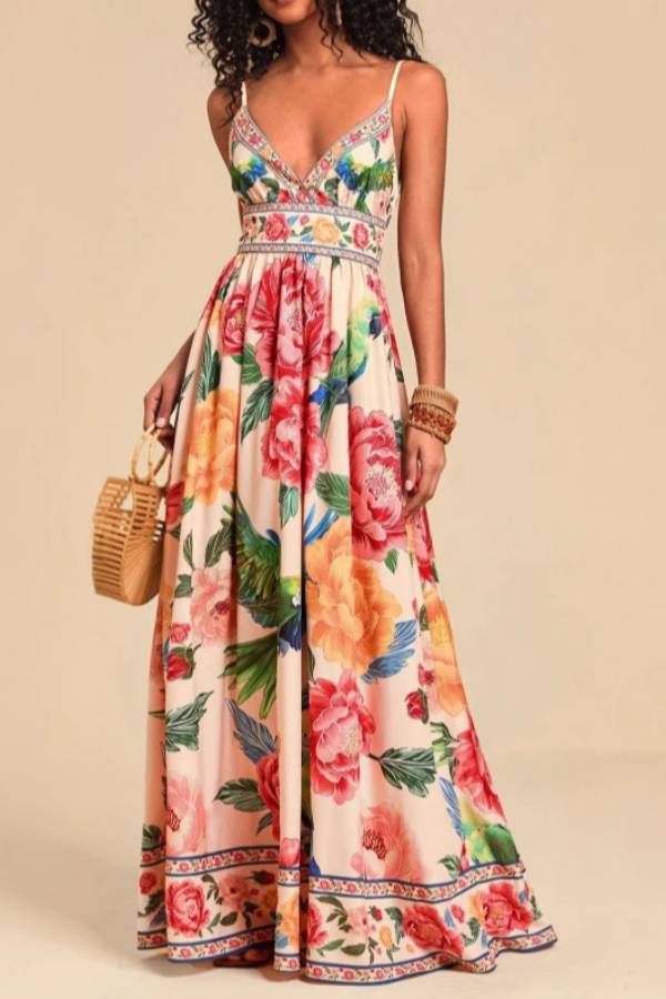 Peony & Parrot Print V-Neck Smocked Waist Cami Maxi Dress