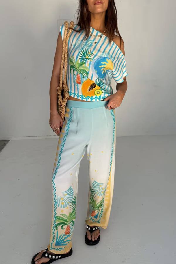 See You in Rio Tropical Fruits Print High Rise Elastic Waist Wide Leg Pants