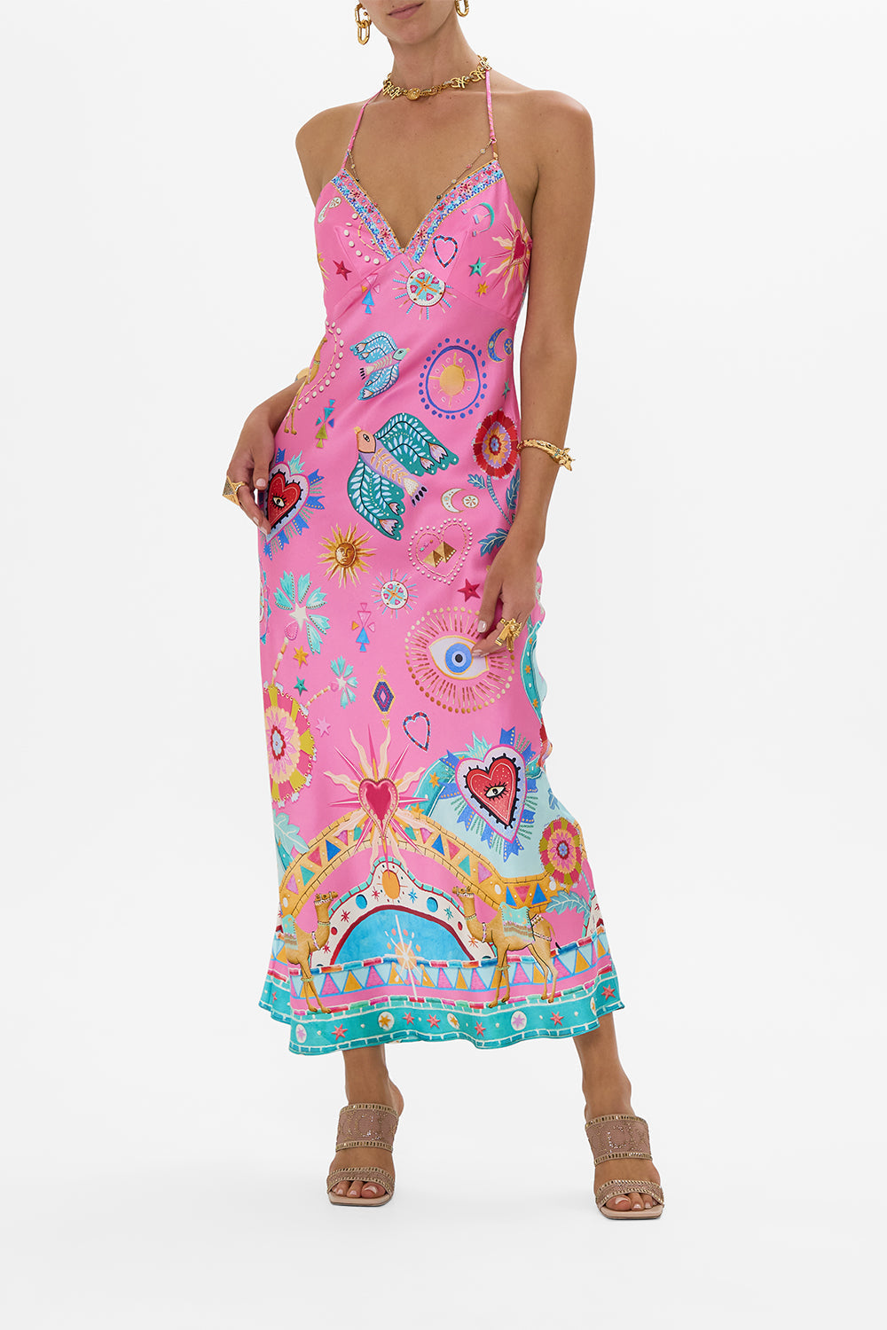 Effortless Chic Satin Unique Print Back Chain Detail Slip Maxi Dress