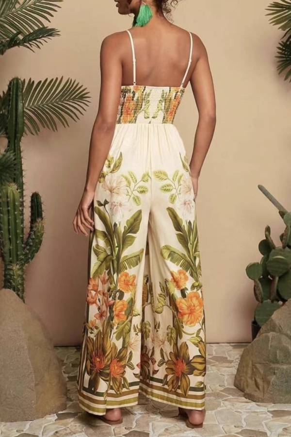 Multi-Color Tropical Floral & Parrot Print Cami Wide Leg Jumpsuit