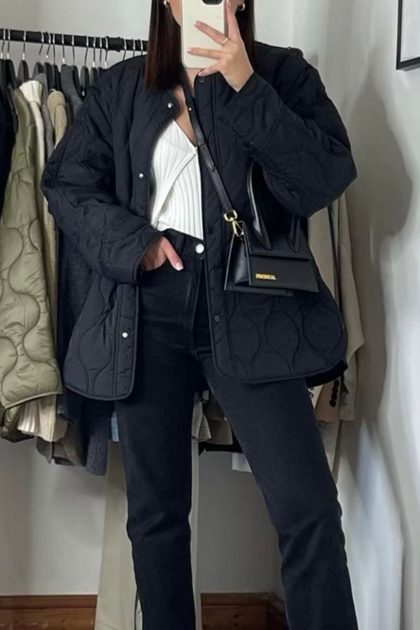 Stand-collar single-breasted mid-length loose cotton coat Black