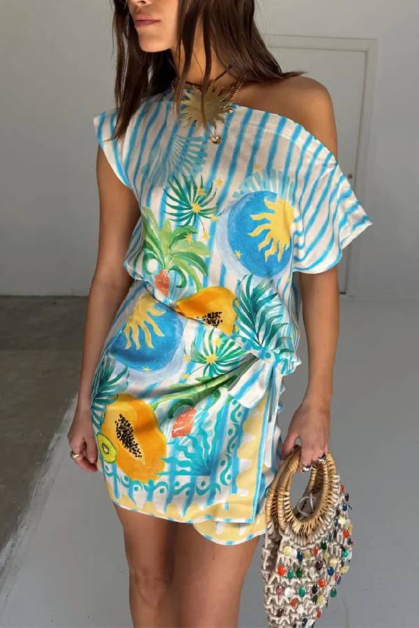 See You in Rio Tropical Fruits Print One Shoulder Wide Sleeve Loose Shirt