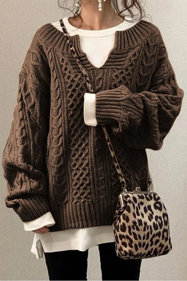 Knitted Pattern Casual Knit Sweater Brown