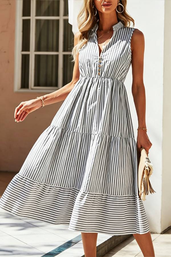 Multi-Color Striped V-Neck Sleeveless Waisted Tiered Maxi Dress