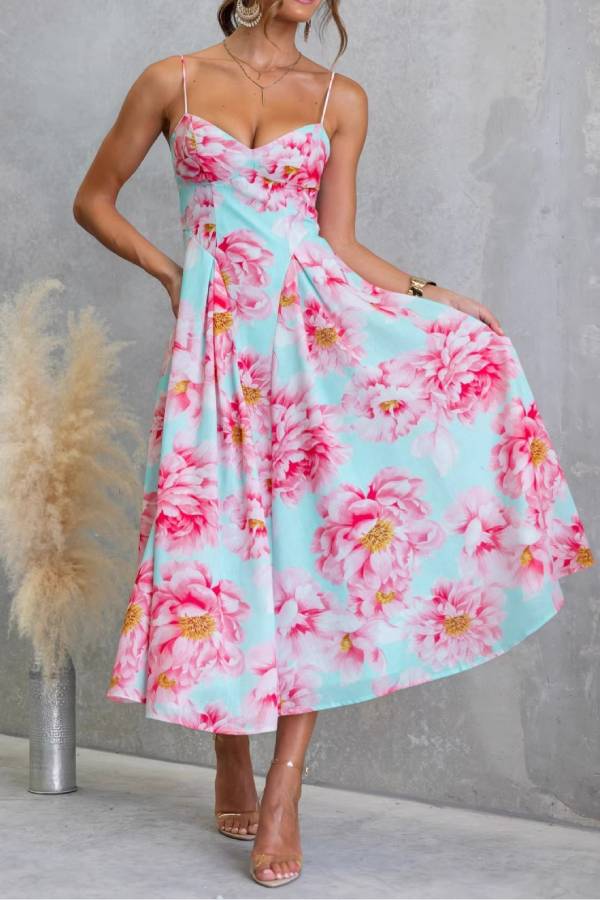 French Floral V-Neck Spaghetti Strap Fit-and-Flare Midi Dress