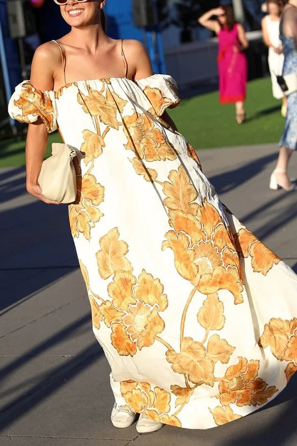 Maxikleid mit Blumendruck, Hosenträgern, Puffärmeln, lockeren Taschen und Urlaubs-Maxikleid 