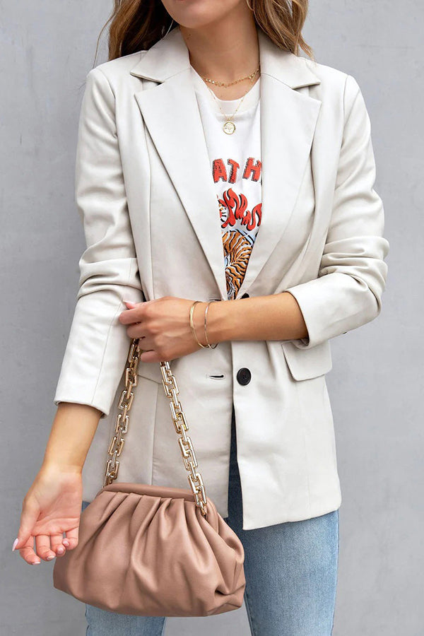 FASHION AFFAIRS POCKETED FAUX LEATHER BLAZER Beige