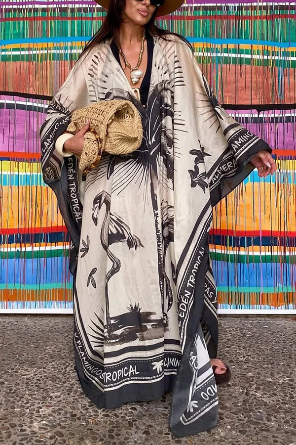 Flora Flamingo Print V-neck Loose Holiday Maxi Dress