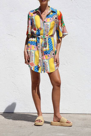 Sicilian Patchwork Print Tie-Waist Shirt Dress