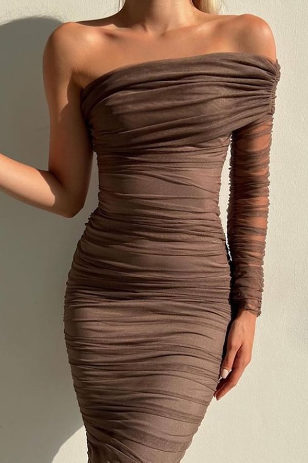 Ricoh Zippered Mesh Paneled Bias Neck Midi Dress Brown