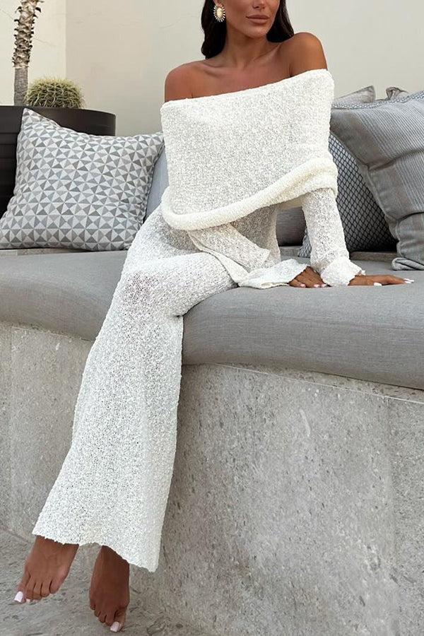 Marisol Ribbed Boucle Material Draped Off Shoulder Stretch Vacation Maxi Dress White