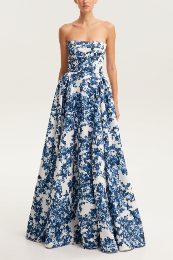 Elegant Strapless Printed String Dress Blue