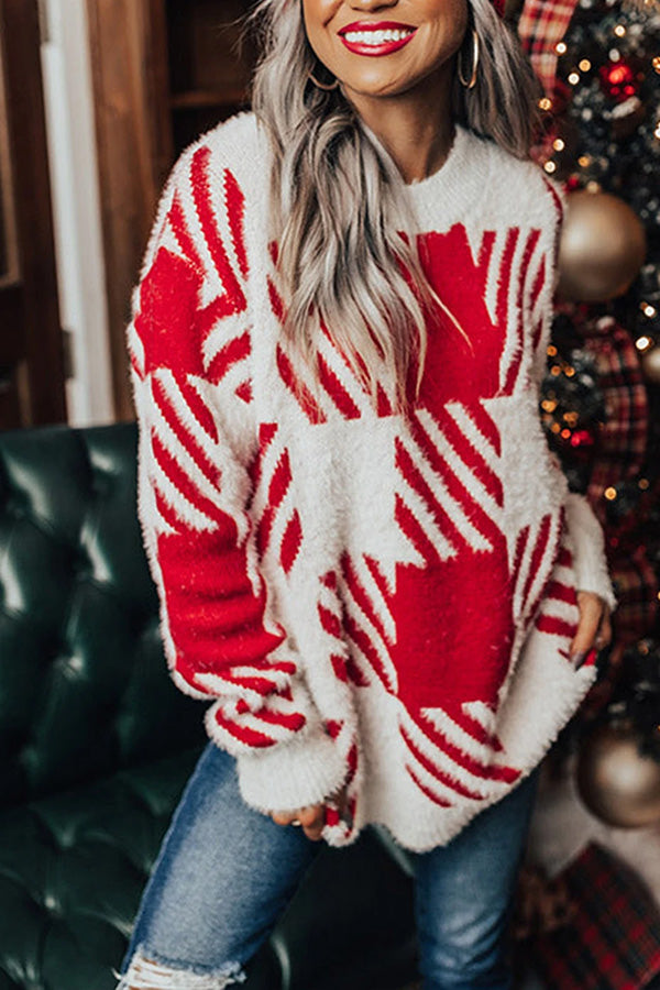 Red Fuzzy Check Drop Shoulder Sweater Red