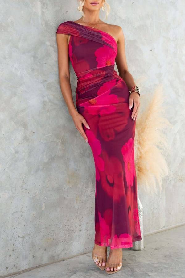 One-Shoulder Printed Mesh Bodycon Mermaid Maxi Dress