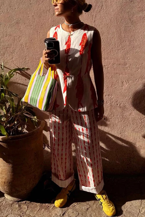 Good Luck Linen Blend Koi Pattern Metal Buttons Waisted Vest