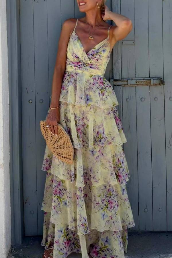 V-Neck Spaghetti Strap Floral Tiered Cake Vacation Maxi Dress