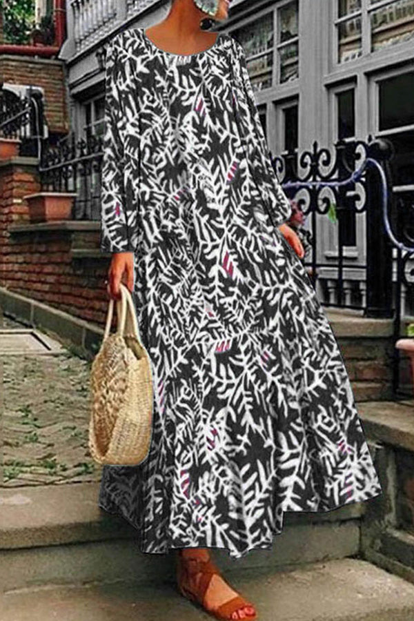 round neck long sleeve loose dress Black