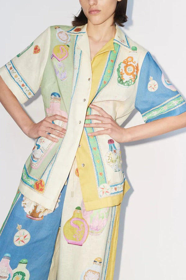 Creating Memories Linen Blend Unique Print Short Sleeve Button Oversized Blouse Blue