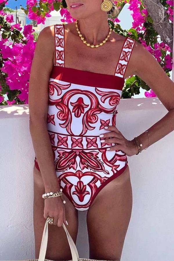 Red & White Majolica Print Halter Swimsuit with Matching Sarong Set